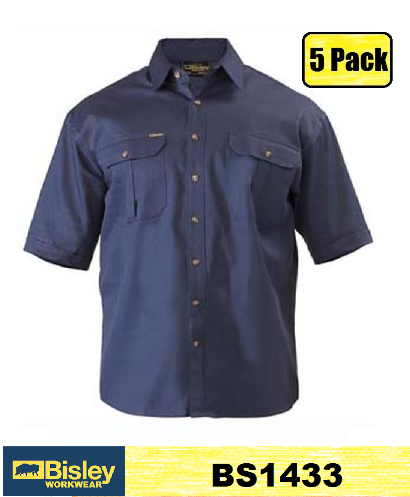 Bisley - Cotton Drill Work Shirts (Short Sleeve) x 5 - BS1433 ( 5 PACK ...